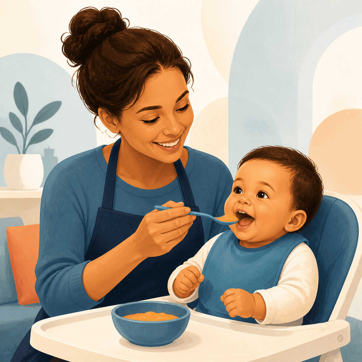 Illustration of a nanny feeding a happy baby